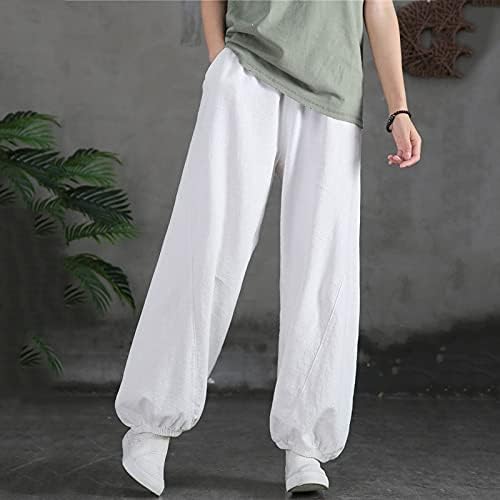 מכנסי פשתן MMKNLRM מכנסיים פורחים מותניים כותנה נשים אלסטיות מכנסיים מכנסיים רופפים מכנסיים מגפיים