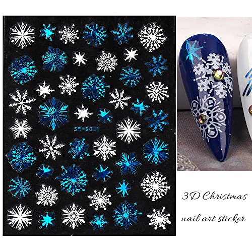 פתית שלג נייל אמנות מדבקות 3 ד נייל מדבקות חג המולד לבן כחול פתית שלג נייל מדבקות חורף פרח נייל טיפים