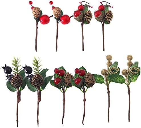 Jianling 10 pcs מיני קוטפי אורן מלאכותיים עם פירות יער אדומים ופינקונים טבעיים מחטי אורן דמויי עץ