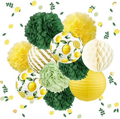 קישוטי מסיבת חתונה סט, 12 יחידות צהוב ירוק לבן לימון דפוס נייר פנסי פונפונים פרחים עם לימון קונפטי עבור