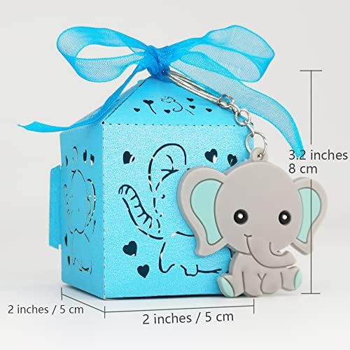 50 חבילות מקלחת לתינוק כחול תינוקות טובות לאורחים - מחזיקי מפתחות של פיל + קופסאות ממתקים עם ריבבין