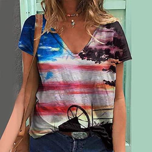 חולצות שכבות שרוול ארוך לנשים יום העצמאות לנשים הדפס חולצות קיץ יומיות לצוואר נשים