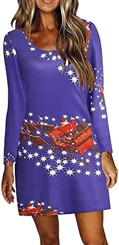 נשים שרוול ארוך שמלת חולצת חג המולד הדפס חג המולד צוות צוואר מזדמן שמלות בסיסיות