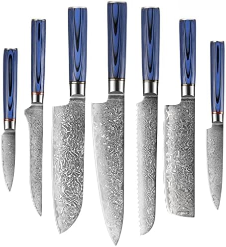 מטבח סכין סטים, 7 יחידות 10 דמשק פלדת מטבח סכין סט יוקרה כחול גרם 10 ידית חד דמשק שף סכין קליבר סנטוקו