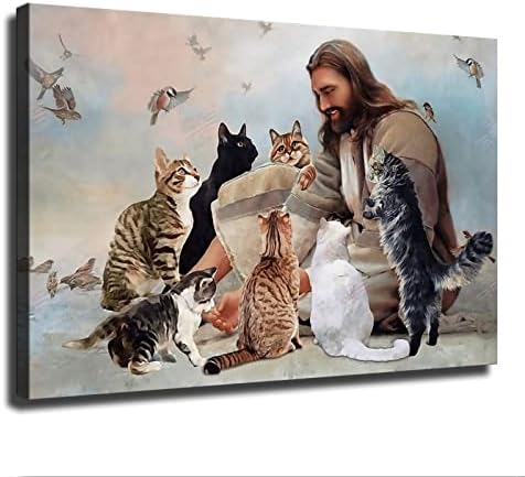 אלוהים מוקף חתולים ומלאכים ישו אמנות פוסטר חדר אסתטיקה קיר אמנות בד תפאורה בית תפאורה מתנה