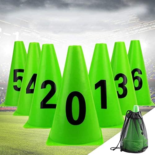 Yeuipea 10 חבילה 23 סמ קונוסים אימוני כדורגל ירוקים עם מספר 0-9: מחסומי כדורגל וסמנים