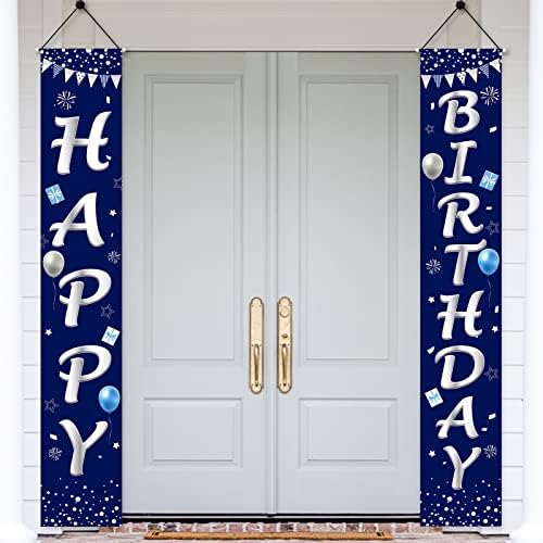 כחול כסף יום הולדת שמח דלת באנר קישוט לגברים בנים, כחול כהה יום הולדת שמח ציוד למסיבות שלט במרפסת, 16 18
