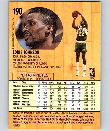 1991-92 Fleer Series 1 כדורסל 190 אדי ג'ונסון סיאטל סופרסון רשמי כרטיס מסחר ב- NBA