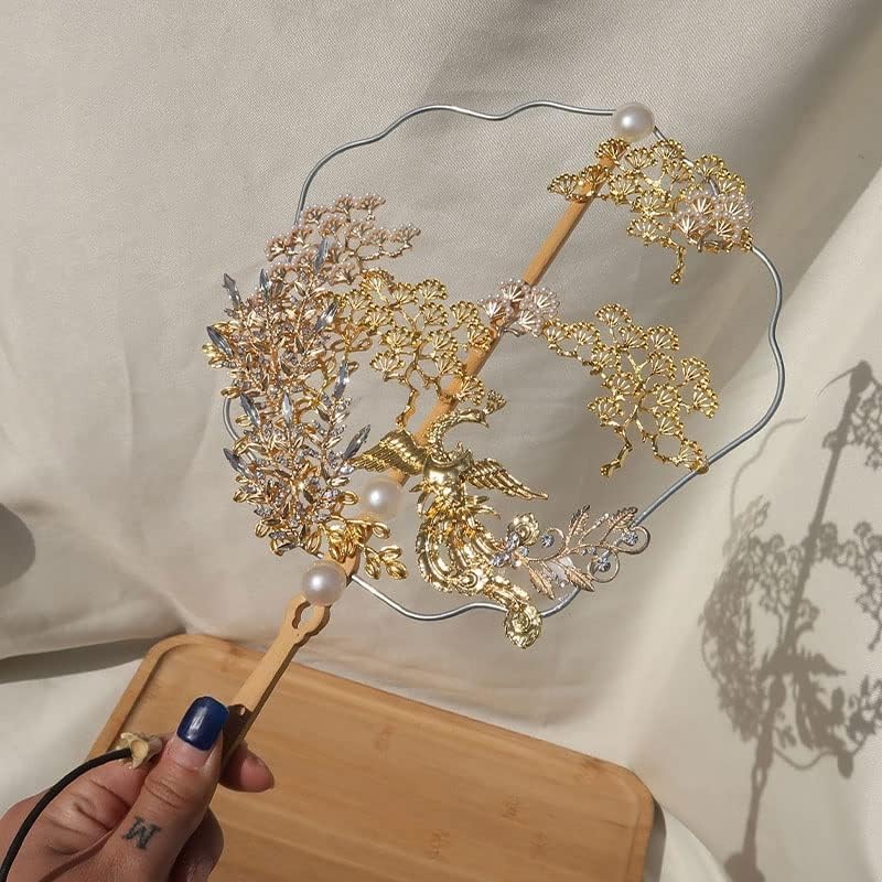 N/A פיניקס זהב זרי כלה סיניים סוג מעריץ סוג מלאכותי 3D פרחים קריסטל מתכת חלולה מאוורר אביזרים לחתונה