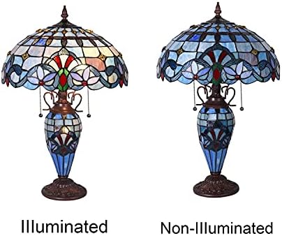 מנורת שולחן קפולינה טיפאני, 3-אור 16 על 16 על 24 אינץ ' עם מנורת לילה מנורת שולחן בסגנון ויקטוריאני כחול בהיר לחדר