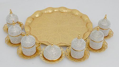 סט קפה זהב של 6 כוסות עם צלוחיות, מגש ומכסים/טורקי, קפה ערבי או אספרסו, עם ריינסטון 1830