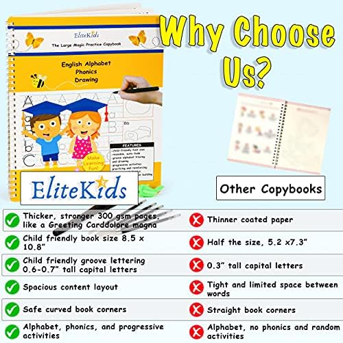 EliteKids גדול של תרגול קסם גדול לספר העתקים לילדים. חריץ מכתב התחקות אחר ספר אלפבית, פוניקה וכתב יד באנגלית.