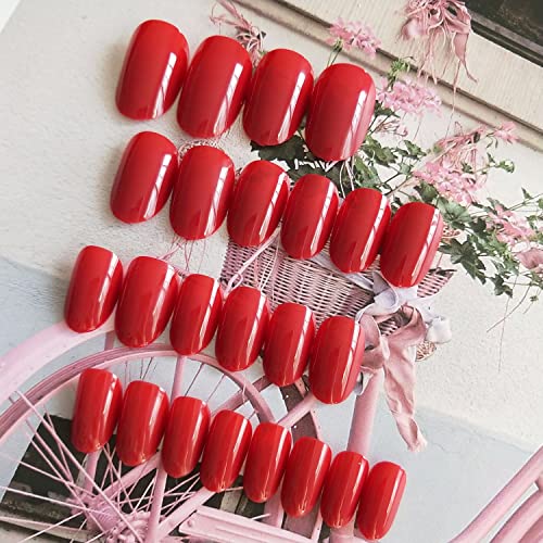 24 יחידות אדום עיתונות על ציפורניים בינוני, שקדים בצורת דבק על ציפורניים לנשים, בינוני מזויף ציפורניים