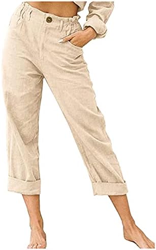 כותנה פשתן מכנסיים לנשים רחב רגל ישר מזדמן חוף קאפרי מכנסיים קיץ אימון קצוץ מכנסיים עם כיסים