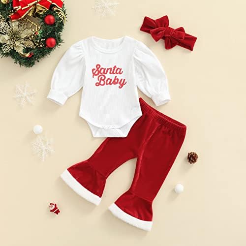 תלבושות לחג המולד של תינוקות יילודים שרוול ארוך צבע אחיד רומפר קטיפה מכנסיים מתרחבים עם סרט סתיו בגדי