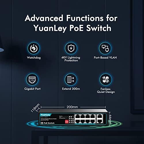יואנלי 8 מתג POE POR עם 2 Gigabit uplink, 8 POE+ יציאה 1000 מגהביט לשנייה מתג רשת, 802.3AF/AT מתכת תואמת