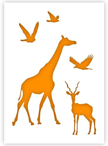 סטנסיל חיות אפריקאיות-ג ' ירפה, יעל, ציפורים-גודל 5-לשימוש חוזר, סטנסיל ידידותי לילדים לציור, סטנסיל עשה זאת
