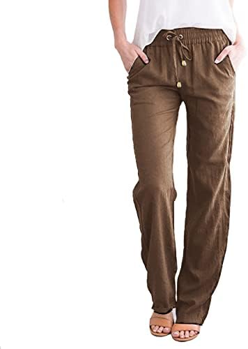 MTSDJSKF מכנסי רגל רחבים, מותניים אלסטיים רגילים טרקלין רחבה משוררת פשתן פשתן עם כיסים מכנסי חוף נשים
