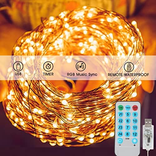 אורות פיות 66ft שינוי צבע, 200 אורות מיתר LED עם שלט רחוק, אורות נצנוץ המופעלים על ידי USB למסיבת חתונה DIY בית