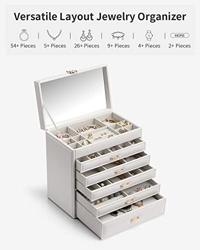 מארגן קופסאות תכשיטים גדולות, מארגן תכשיטים בן 6 שכבות, מארגן תכשיטים 6 שכבות, שרשרת עור סינתטית שרשרת עגילי