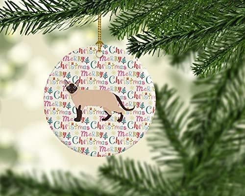 אוצרות קרוליין WDK2652CO1 קישוט קרמיקה לחג המולד חתול טונקין, קישוטים לעץ חג המולד, קישוט תלוי לחג
