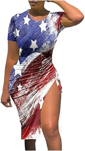 שמלות סקסיות לנשים צוואר עגול שרוול קצר גוף דגל אמריקאי דגל מיני שמלת שמלת יום עצמאות מפוצלת