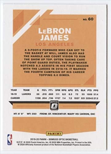 2019-20 דונרוס כדורסל אופטי 60 לברון ג'יימס לוס אנג'לס לייקרס הרשמי של פאניני NBA כרטיס מסחר