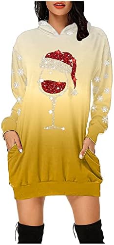 רוזיוג חורף שמלה לנשים טרנדי אדום יין זכוכית מודפס נים שמלות מזדמן רופף כיס כושר טוניקת סווטשירט שמלה