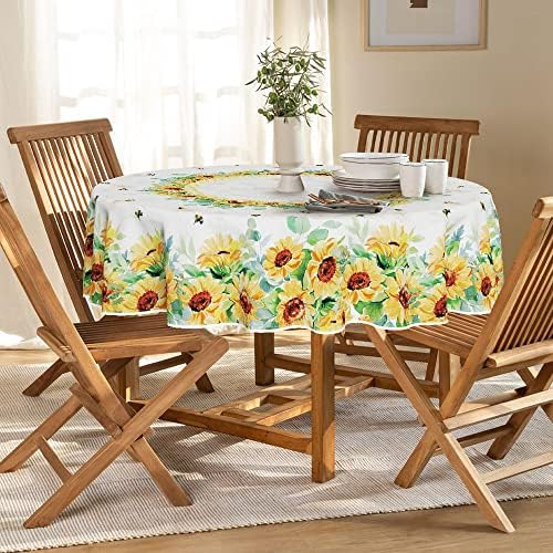 מפת שולחן אביב קיץ יומית 60 על 60 אינץ ' עגול, כיסוי שולחן חמניות בצבעי מים לעיצוב ארוחת ערב פיקניק