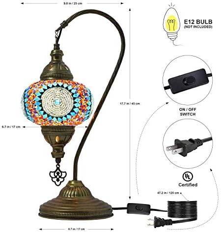 מנורה טורקית מוזאיסטית, מנורת שולחן פסיפס של צוואר הברבורים, זכוכית דקורטיבית מרוקאית עתיקה בצל ציר