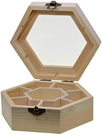 טבעי רגיל עץ תכשיטי מלאכות תיבת אחסון עם מכסה זכוכית ולנעול משושה בצורת חזה אחסון אוסף תיבה
