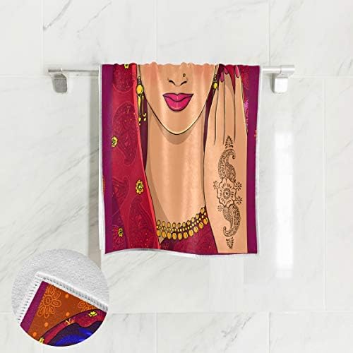 אישה הודית אלזה עם Mehndi and Paisley מגבת יד יוגה כושר כושר כותנה פנים מגבות ספא ​​סופגות רב תכליתי למטבח אמבטיה