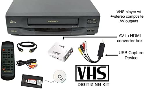 נגן קלטת וידיאו של Magnavox VCR עם מרחוק, מתאם USB, ממיר HDMI