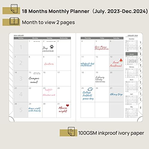 מתכנן חודשי פופרון 2023-2024 ספר לוח שנה בן 18 חודשים כריכה רכה, מתכנן אקדמי עם כרטיסיות חודשיות וכיס,