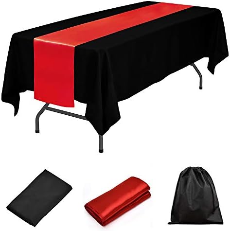 Lovwy 60 x 102 אינץ 'פוליאסטר RETANGURAL מפת שולחן שחור + רץ שולחן סאטן אדום למסעדת אירועים למסיבות חתונה
