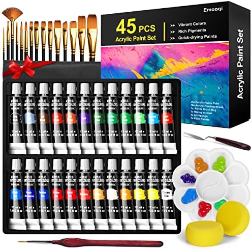 צבע אקרילי אמוקי, סט ציוד ציור של 45 חלקים, כולל 24 צבעי אקריליים, 16 מברשות ציור עם תיק, סכין צבע, ספוג אמנות
