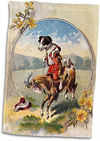תלת מימד ורד ציור ויקטוריאני הומוריסטי של כלבים שרוכבים על עזים. JPG יד/מגבת ספורט, 15 x 22