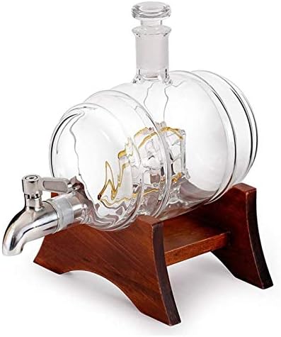 קנקן ויסקי קנקן סט עץ מסגרת עם ברז יין חבית בצורת זכוכית בקבוק מיכל 1000 מ ל עם 2 כוס זכוכית,