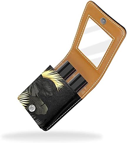 שפתון מקרה עם מראה שחור & זהב עלים גלוס מחזיק נייד שפתון אחסון תיבת נסיעות איפור תיק מיני עור קוסמטי פאוץ מחזיק