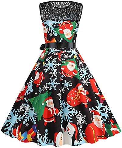 נשים חג המולד שמלות בציר שרוולים צוות צוואר פתית שלג הדפסת נדנדה שמלת מסיבת ערב קוקטייל שמלות