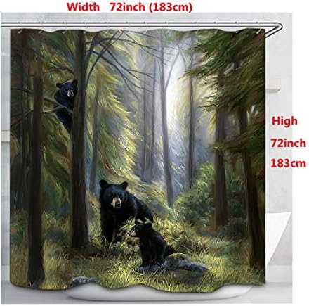 וילון מקלחת משפחתית של פוקבלף דוב, יער ירוק 3 דובים שחורים אטום מים וילון מקלחת וילון S/W ווים צבעי מים דקורטיבי