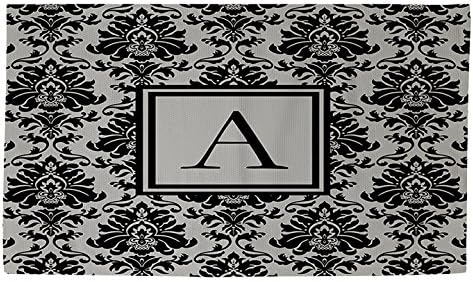 חרשי עץ ידניים & מגבר; שטיח אמבטיה דובי אורגים, 4 על ידי 6-רגל, מכתב ראשי תיבות, דמשק שחור ואפור