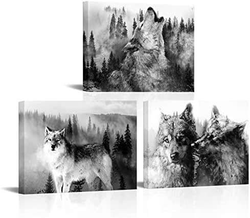 3 פנל זאב בד קיר אמנות יער בעלי החיים תמונה ציורי שחור ולבן זאבים הדפסי יצירות אמנות לסלון חדר שינה חדר אמבטיה