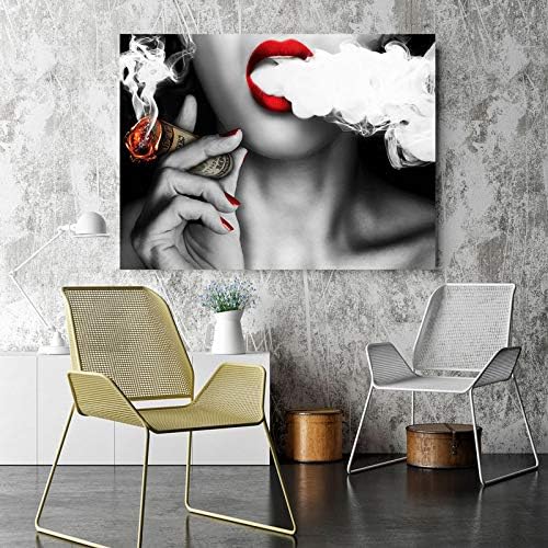 כרזות קיר ציורי בד הדפסי אמנות קיר אמנות פייקאי שפתיים אדומות אישה עם כסף סיגר הדפסות תמונה על בד רעיון עיצוב