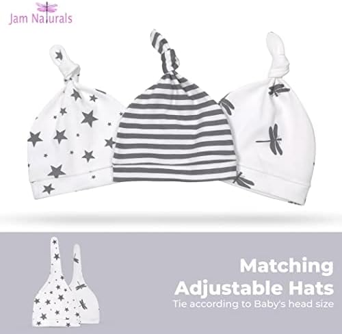 JAM Naturals- עניבה אורגנית קשורה תחתונה מתכווננת מתכווננת ומערכת כובע של 3, שק שינה שזה עתה נולד