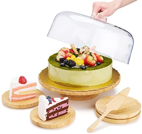 סט שלם - ג ' וסק עיצוב במבוק עץ עוגת דוכן עם ברור אקריליק כיפה - 4 קינוח צלחות, ועוגה שרת, מתאים 12 אינץ עוגת-רב