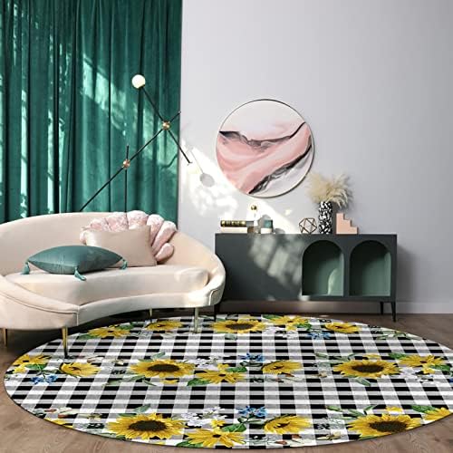 שטיח שטח עגול גדול לחדר שינה בסלון, שטיחים ללא החלקה בגודל 3.3ft לחדר ילדים, חמניות קיץ שחור לבן באפלו