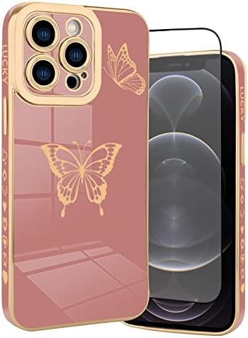 MZELQ מיועד לאייפון 12 Pro Max Case עיצוב פרפרים חמוד לנשים נערות עם מגן מסך, ציפוי יוקרה פגוש קצה פגוש מצלמה