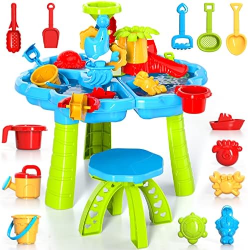 ילדים חול מים שולחן צעצועים לפעוטות, 3 ב 1 חול ומים לשחק שולחן חוף צעצוע לילדים בני בנות, ילדים