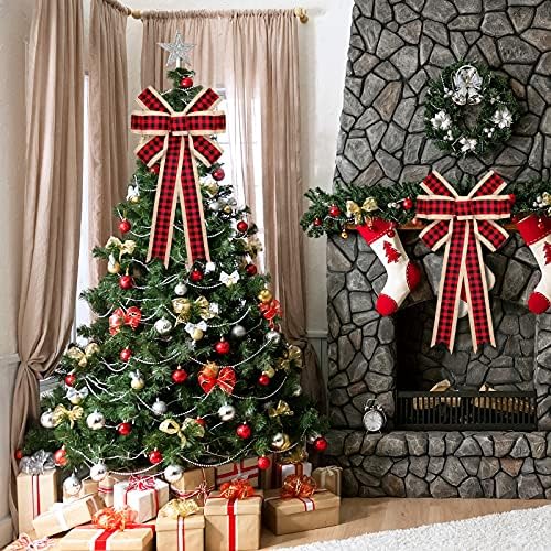 2 חתיכות חג המולד קשתות משובצות של באפלו קשתות משובצות יוטה גדולות קשתות קשתות עץ חג המולד טופר קישוט